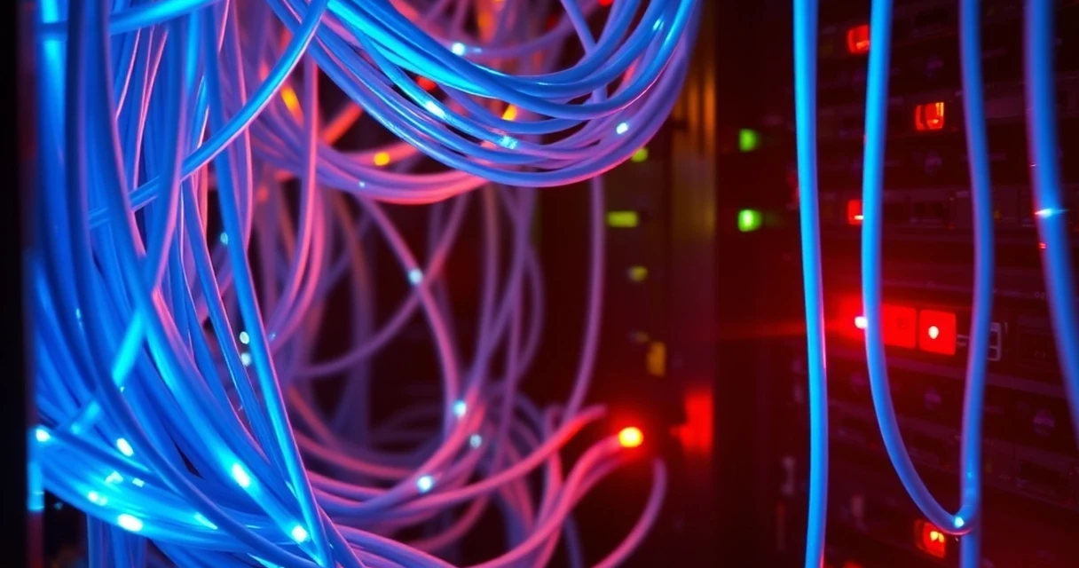 A tangled web of glowing connection cables overwhelming a central server hub, representing a database connection overload.