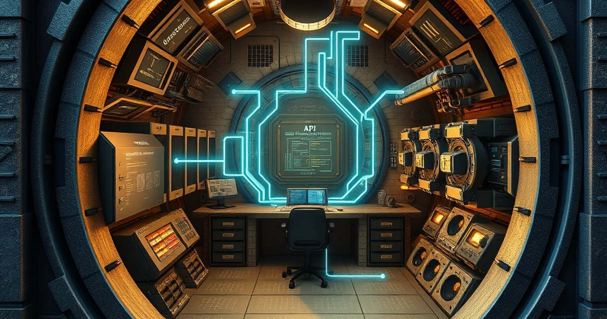 Engineer behind three holographic security shields protecting a server rack, symbolizing function calling, guardrails, and audit logs architecture