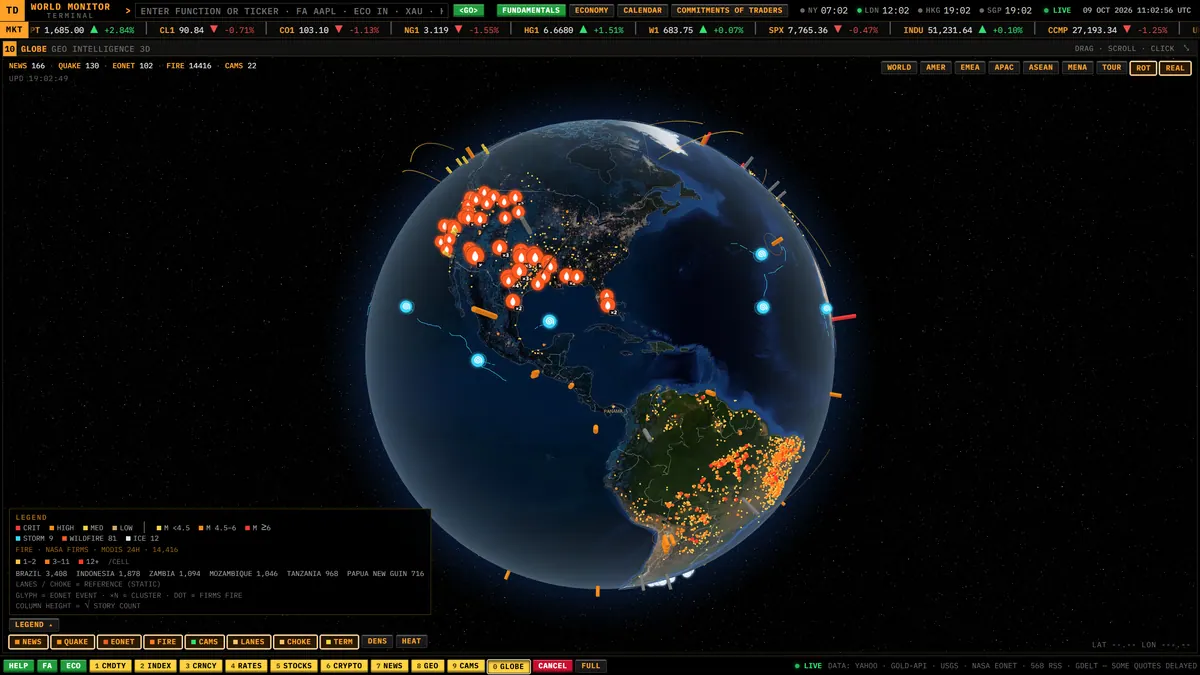 NASA EONET natural events and USGS earthquakes on the globe, with category chips and live counts