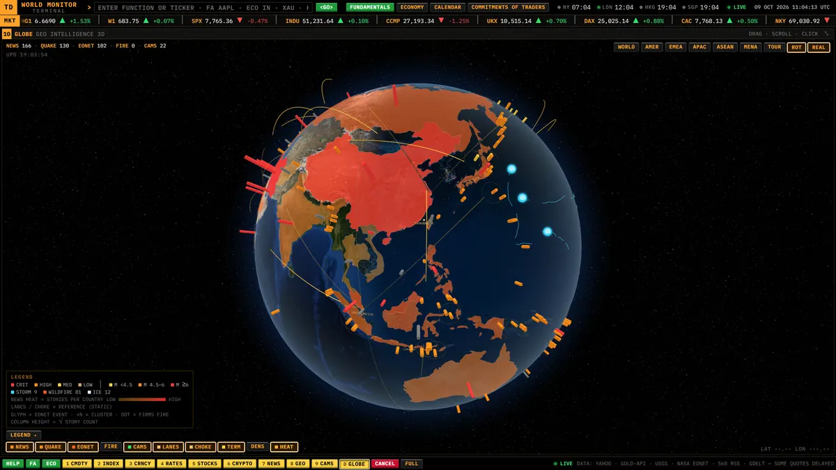 News heat layer: countries shaded by how many current stories are about them