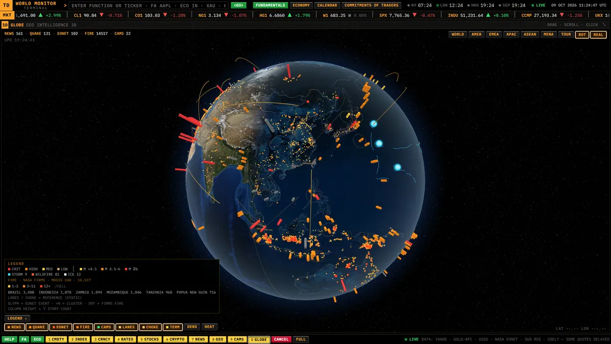 The 3D globe maximised: photo-real Earth with day and night shading, live data layers and the globe HUD
