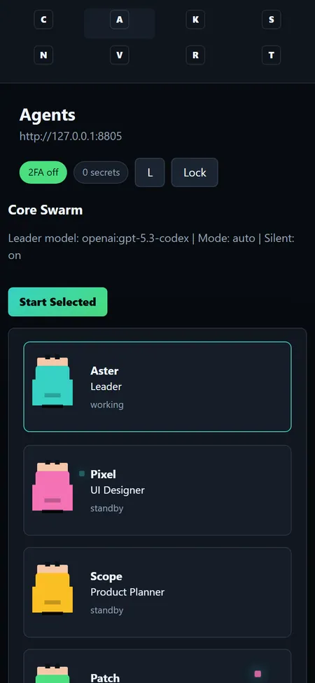Agent Swarm on a phone: the Agents screen with the Core Swarm settings, the Start Selected button and the agent list, Aster marked working