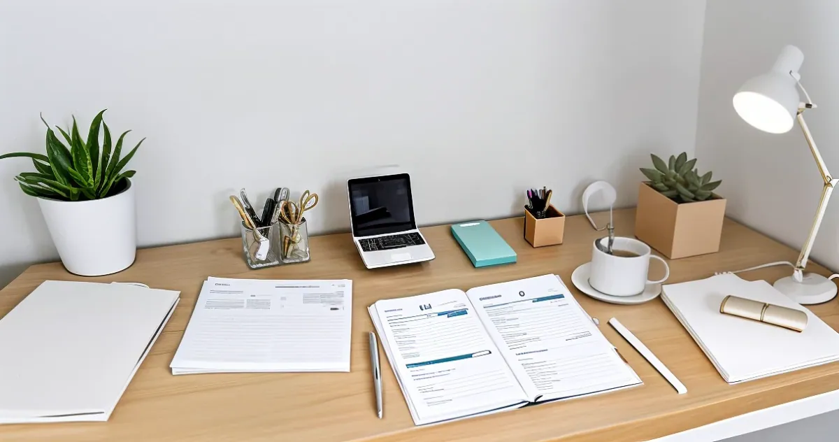 Cover art: a tidy desk with a laptop, a notebook with invoice forms, a plant and a lamp