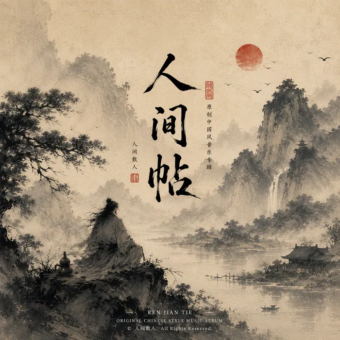 Album cover for 人间帖: ink-wash mountains, a pavilion by the water, a red seal and the title in brush calligraphy