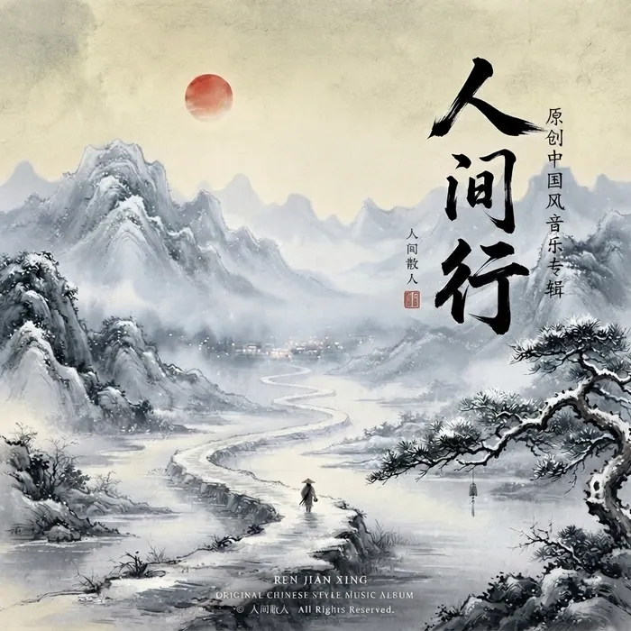 Album cover for 人间行: a snowy ink landscape with a winding river, a lone traveller and the title in brush calligraphy