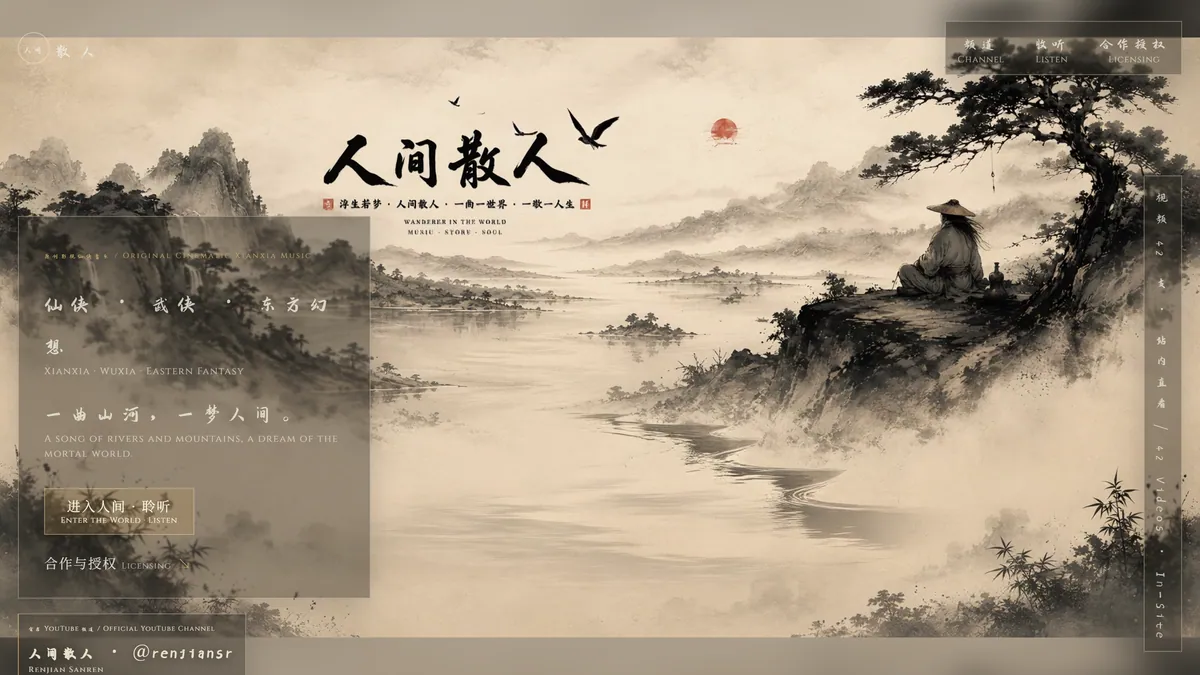 RenJianSR site home at 1600 by 900: an ink-wash landscape with the 人间散人 calligraphy wordmark, a robed figure on a cliff above a river, and the side panels for the channel, listening and licensing