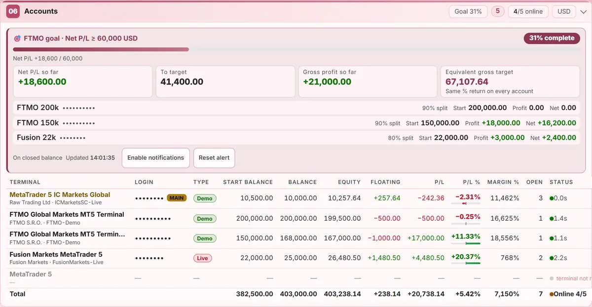 Accounts overview with a profit-goal progress card above the multi-terminal account table