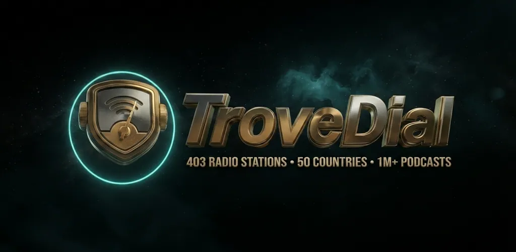TroveDial store feature graphic: a gold dial badge and the TroveDial wordmark on a dark starfield, with the line 403 RADIO STATIONS, 50 COUNTRIES, 1M+ PODCASTS