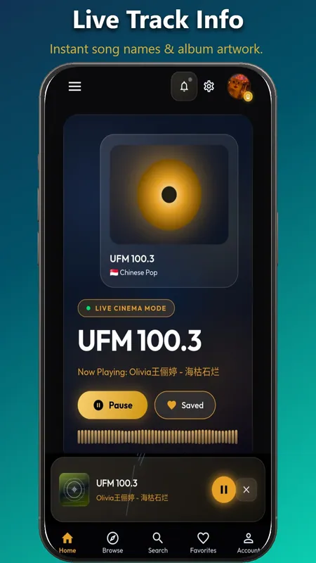 TroveDial on Android, Live Track Info screen: the UFM 100.3 station with a glowing speaker graphic, the now-playing line and the play controls