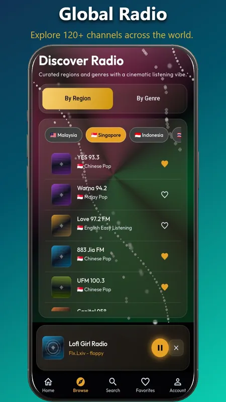 TroveDial on Android, Discover Radio screen: region chips over a map of station pins, and a list of stations with favourite hearts