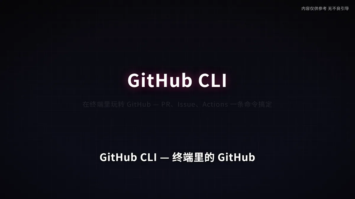 Widescreen explainer frame: the GitHub CLI title with a glitch effect on a dark grid, a faint subtitle and the line GitHub CLI 终端里的 GitHub